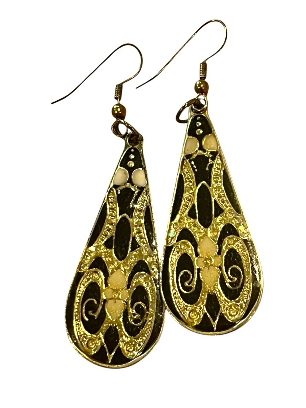 Vintage Artisan Gold and Black Filigree Teardrop Earrings